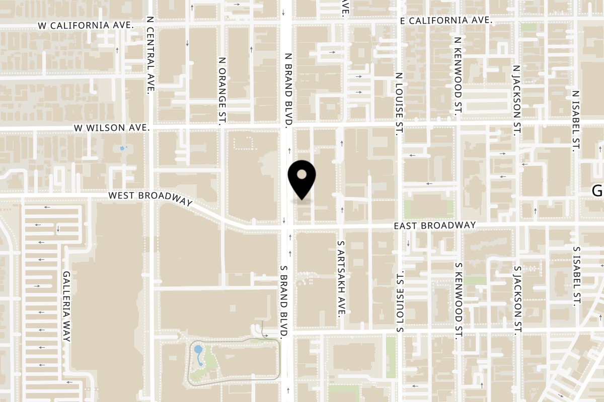 Map showing the location of The Brandy on 108 N Brand Blvd in Glendale